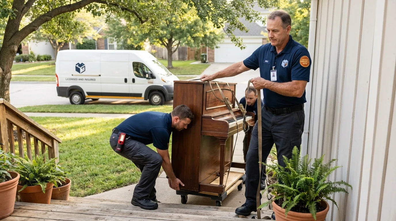 Licensed piano movers securing grand piano in Ransomville, NY