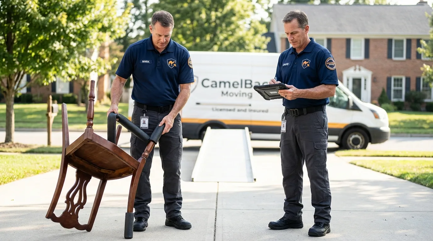 Movers inspecting furniture for damage prevention before loading in Ransomville, NY