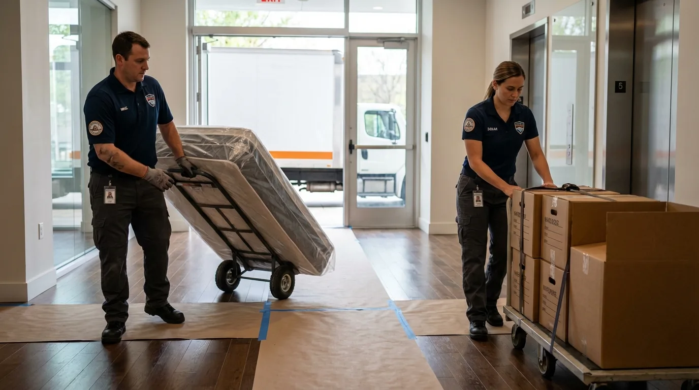 Professional apartment movers loading elevator in Ransomville, NY