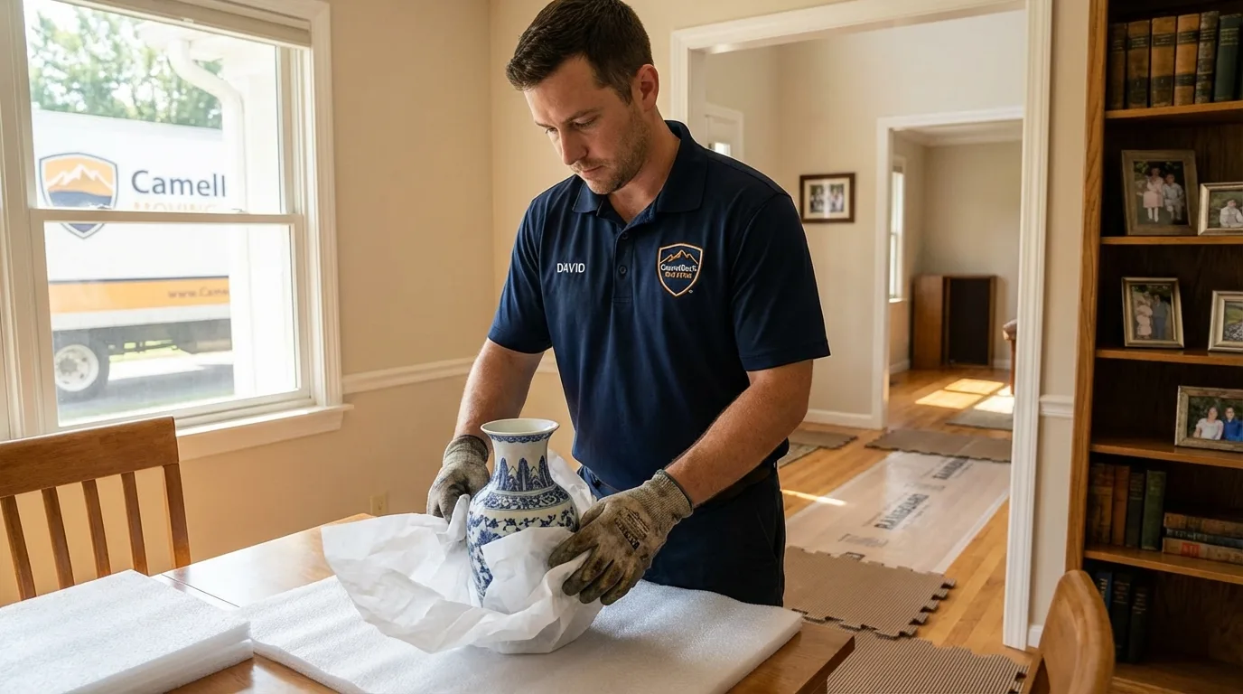 Professional crew carefully wrapping antique vase for senior downsizing move in Ransomville, NY